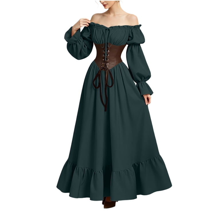 green corset dress long sleeve Qatainlav Woman Gothic Maxi Halloween Victorian Dresses with Puff Sleeves Off Shoulder and Ruffle Hem Army M, Women's, Size offtherecord
