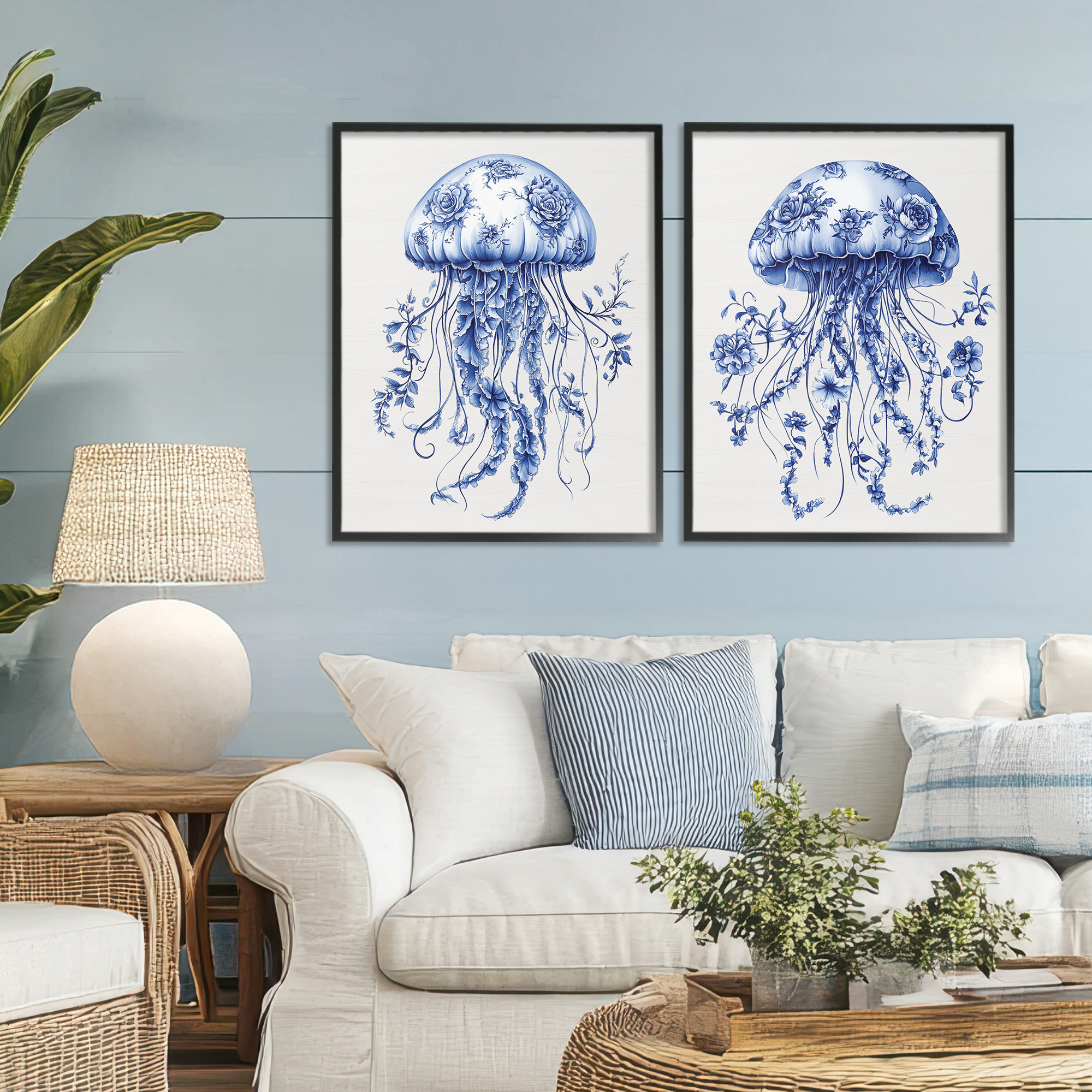 Funky Florals Toile Jellyfish 2 Piece Black Framed Giclee Art Set, design by Lettered and Lined