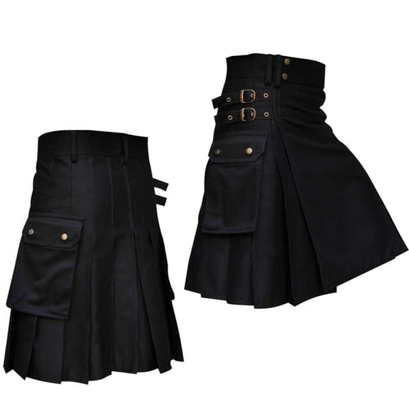 Baqcunre Mens Fashion Casual Scottish Style Solid Pocket Pleated Skirt,Size L,Midi Skirt,Pleated Skirt,Men'S Pants,Mens Clothes,Mens Fashion,Black Skirt