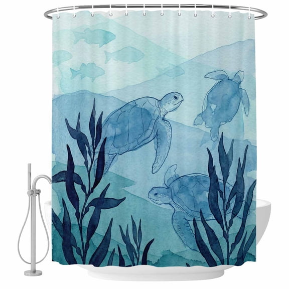 Small Stall Shower Curtain 48x72 Inch Narrow Half Size Blue Coastal Bath Curtains Bathroom Decor, Beach Sea Turtle Ocean Nautical Botanical Waterproof Fabric Shower Curtain Set with Hooks 48 Inch