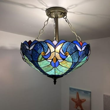 Tiffany Ceiling Lights Green Blue Stained Glass Crystal Beans LED Bulbs Included for Bed Room Living Room Entryway16"W*16"D*16"H