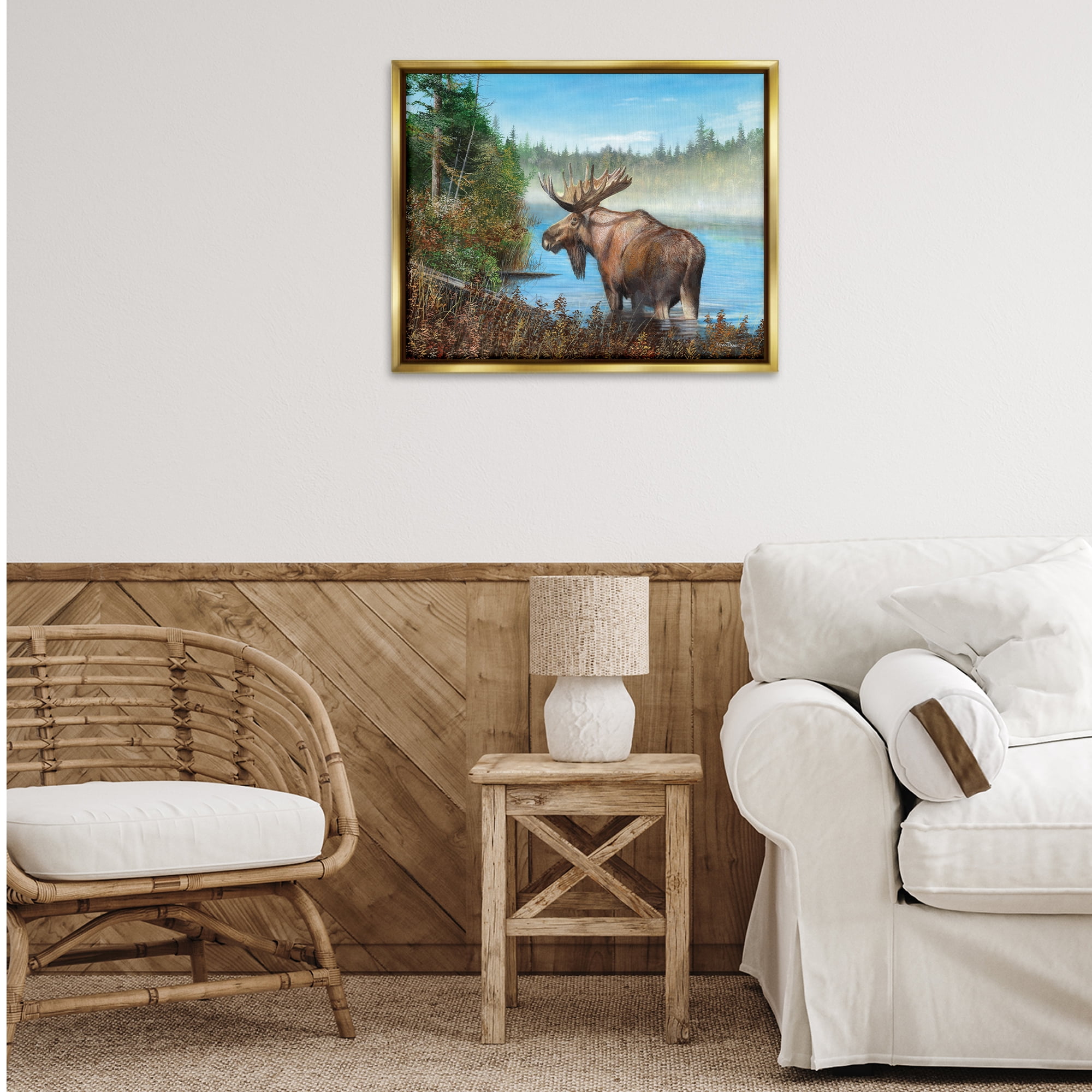 Stupell Industries Rustic Moose Wading in Shore Landscape & Nature Painting Gold Floater Framed Canvas Art Print Wall Art, 31 x 25