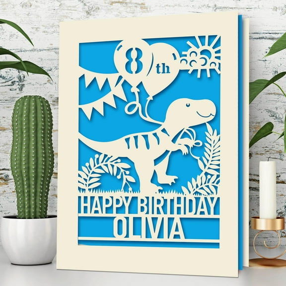 Personalized Kids Birthday Card, Papercut Dinosaur, Funny Greeting Card for Boys, Custom Name and Age