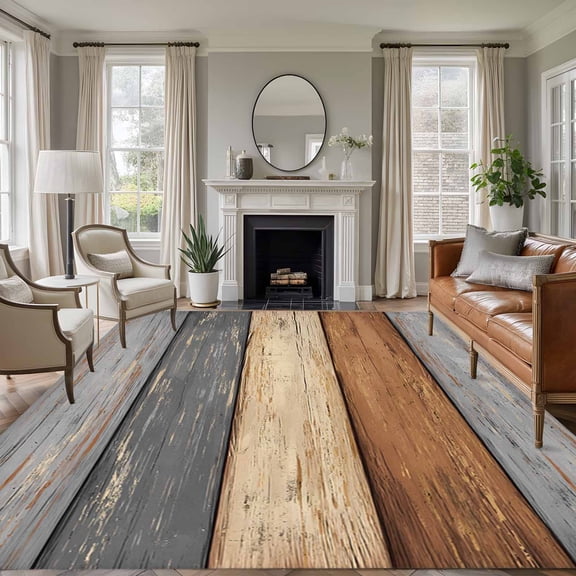 Large Area Rugs for Living Room Bedroom, Farmhouse Haze Blue Brown 6'x9' Rug Washable Carpet Runner Indoor Outdoor, Vintage Wooden Striped Non Slip Floor Mats Rug for Kitchen, Playroom