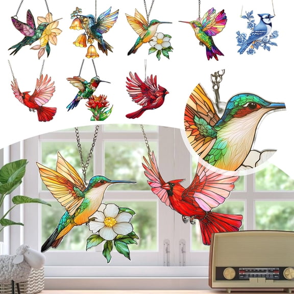 Birds 2D Acrylic Holiday Ornament with Stained Glass Effect, Window Hanging Suncatcher for Family Friends, Holiday Decorations, Birthday Gift
