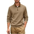 thumbnail image 2 of Kakii Men's Business Casual Quarter-Zip Sweatshirt, Olive Green Fleece-Lined Waffle Knit Top with Stand Collar, Long Sleeve Pullover, 2 of 9