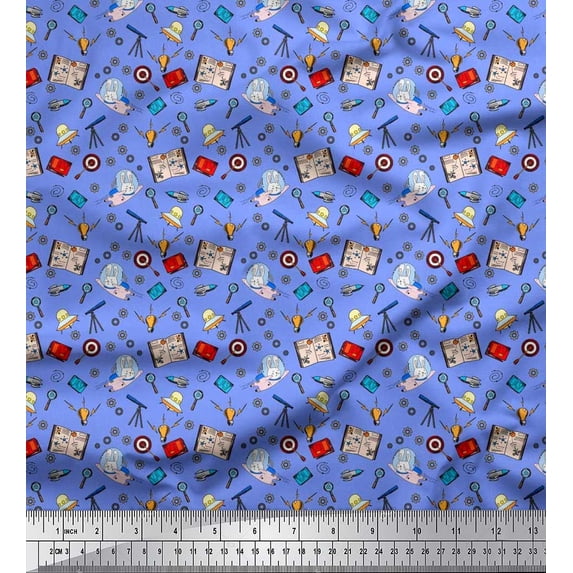 Soimoi Crepe Silk Fabric Book,Magnifier & Telescope Education Theme Fabric Prints by Yard 42 Inch Wide