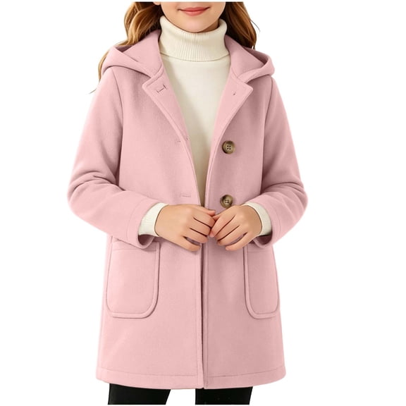 VIPOIN Children's Winter Solid Color Woollen Overcoat Long Sleeve Hooded Casual Outwear Pockets Jackets Kids
