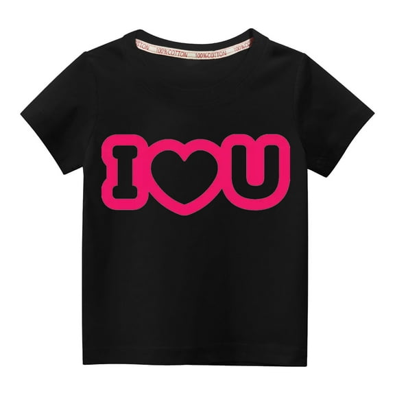 Lilgiuy Toddler Girls Boys Valentine's Day T-Shirt Casual Solid Color Letter Print Heart Graphic Short Sleeve Round Neck Soft Top Outwear (Black)