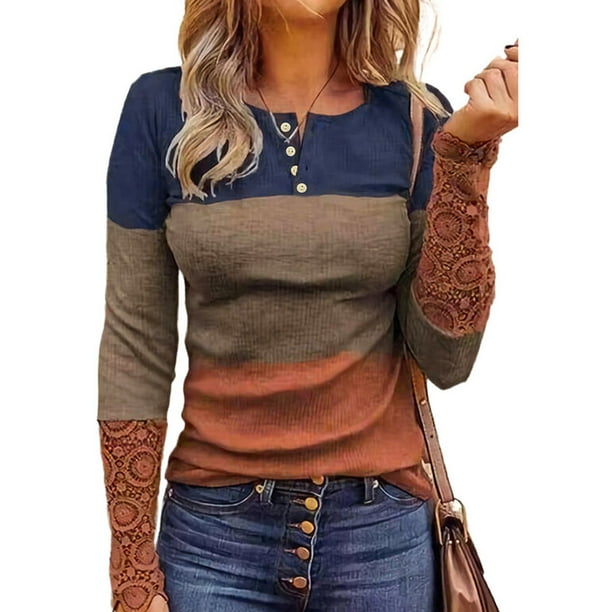 Tops de cuello redondo para mujer Camisa base de manga larga Tops de manga larga para mujer Camisas de bloques de color Grado profesional