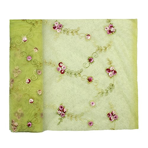 Altotux 60-61' Olive Green Floral Embroidered Tulle Fabric Pink Burgundy Flower By Yard