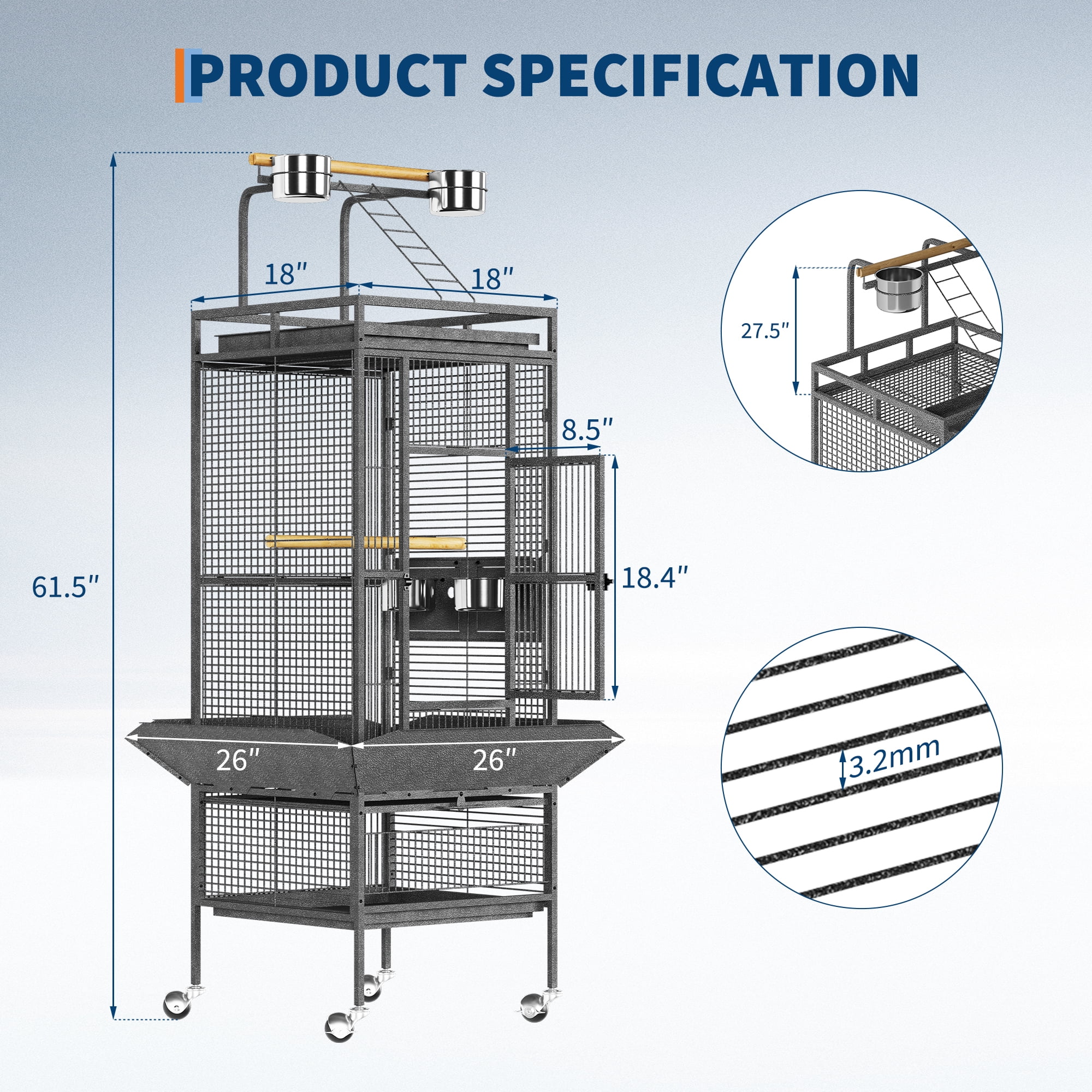61" Cockatiel Cage, Flight Cage with Rolling Stand, Play Top & Bowls - Metal Large Bird Cages for Parakeets, Conures, Parrots - Exploding Silver