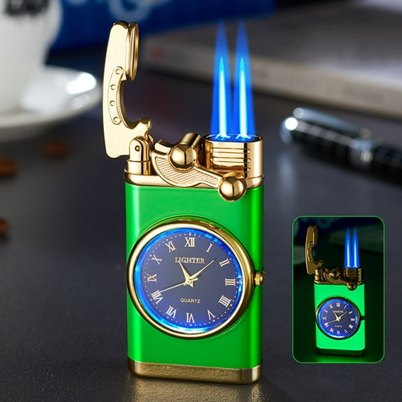 Green Luminous Lighter, Double Fire Switch with Quartz Watch, Metal Inflatable Windproof
