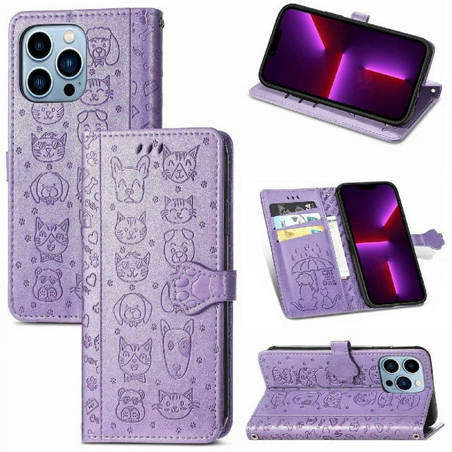 Funda Cartera FOXDOCK para iPhone 13 Pro , Flip PU con Relieve de Gatos y Perros, Tarjetero y Soporte
