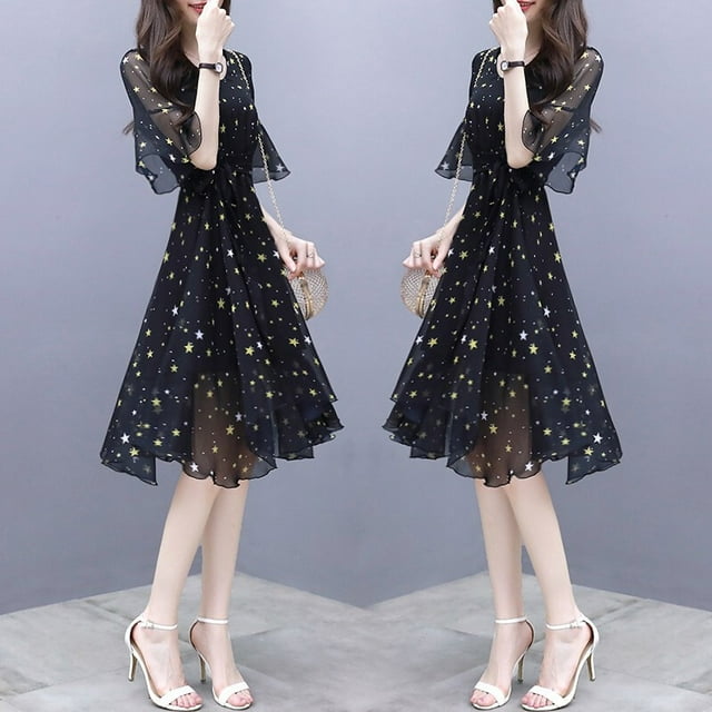 Robe d'Été Ajustée à Col en V avec Ruban, Élégante, Manches Évasées en Forme d'Étoile, Longueur Mi-Longue, Robe à Imprimé