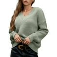 thumbnail image 3 of Female Long Sleeve V Neck Pullover Sweater Oversized Chunky Knitted Loose Jumper Sweaters Green S, 3 of 8