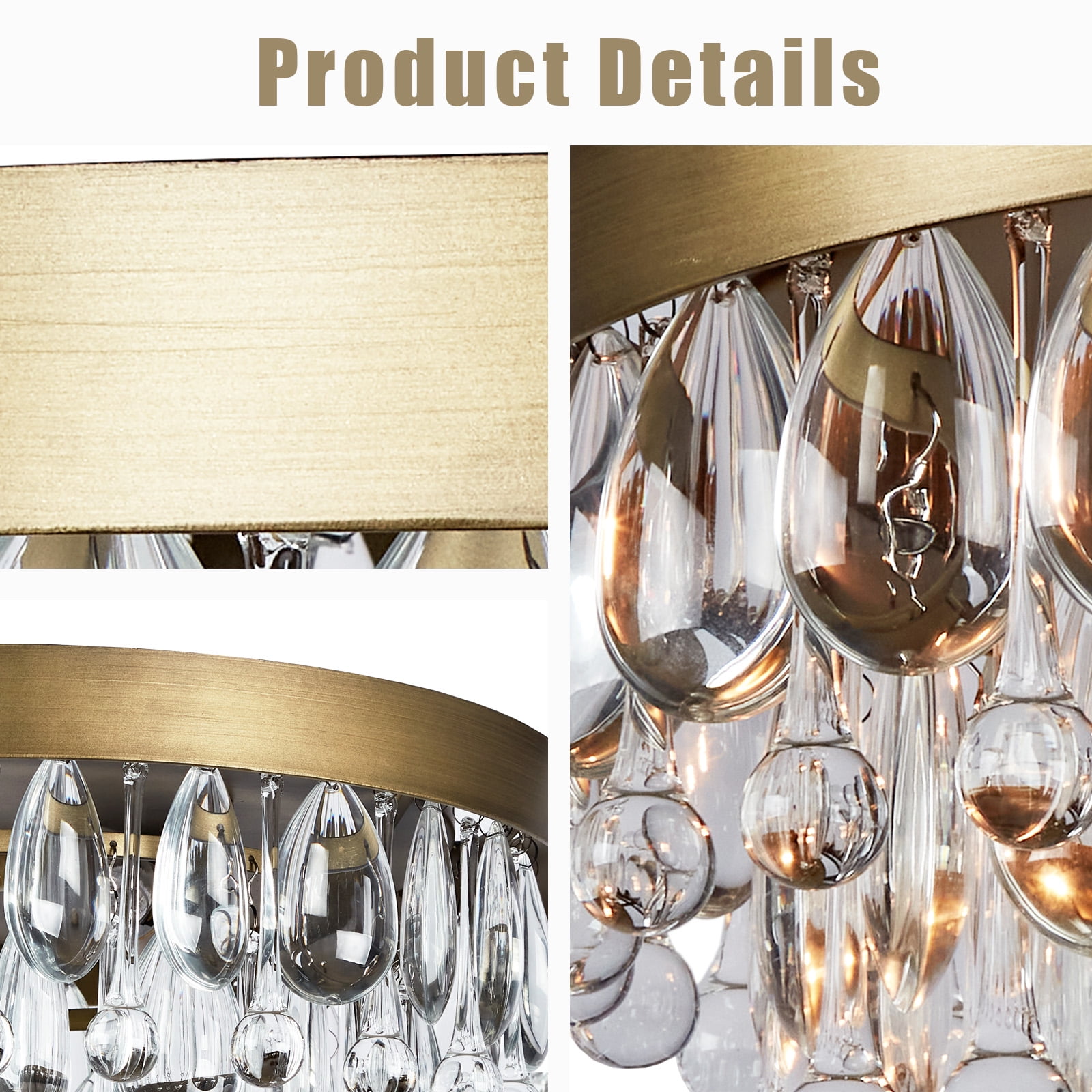 Mordern Antique Brass Semi Flush Mount, 15 Inch Crystal Droplets Flush Mount Light, Unique Elegant Metal Close to Ceiling Light for Lving Room, Dining Room, Bedroom