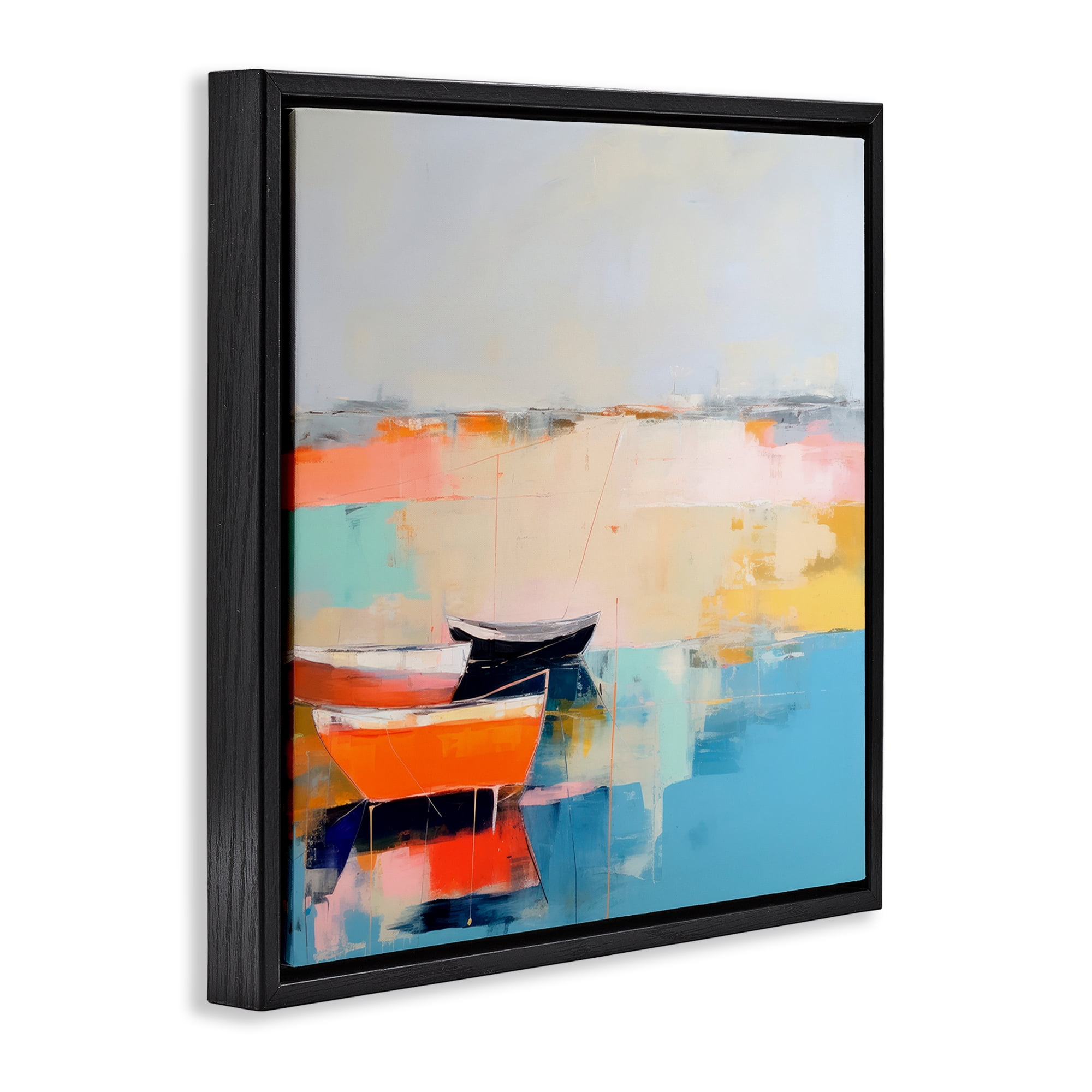 Stupell Industries Vivid Boat Abstraction Transportation Painting Black Floater Framed Canvas Art Print Wall Art, 18 x 18