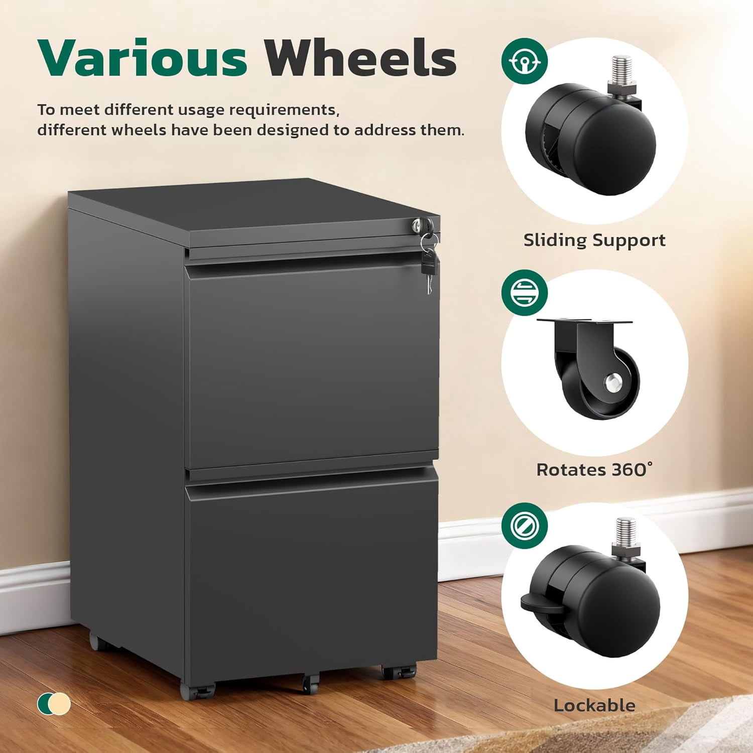 SOLAURA 2 Drawer File Cabinet with Wheels & Lock, Metal Rolling File Cabinet, Under Desk Mobile Filing Cabinet  for Office, Fits Legal/Letter/A4 Size(Unassembled, Black)