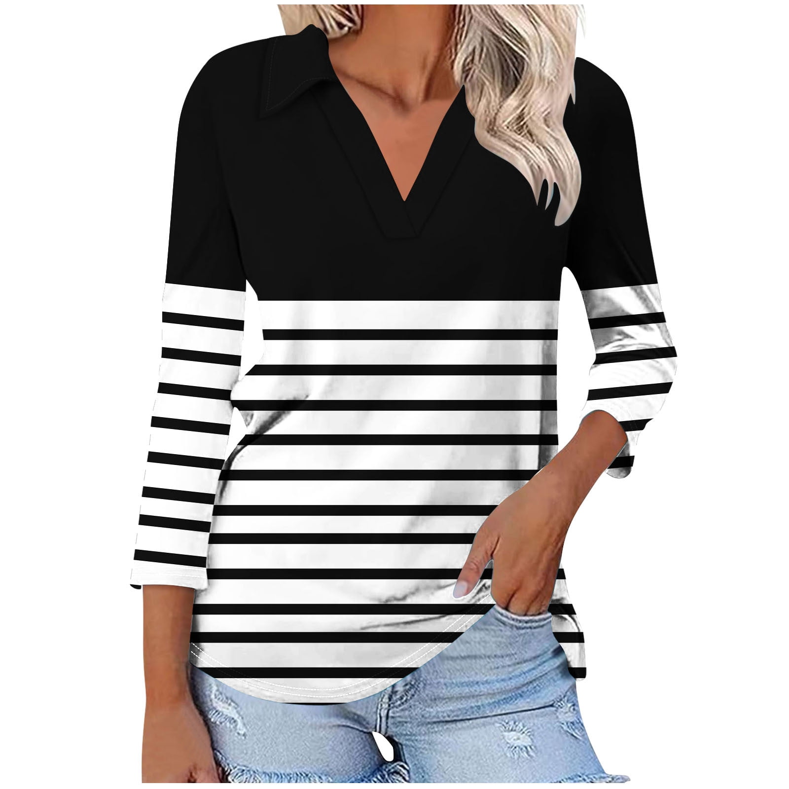LilyCoco Women's Black and White Striped Tee V Neck Short