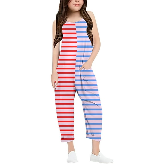 FAOWME Girls Striped Print Casual V Strap Romper Loose Casual Romper With Pocket Red 9-10Years