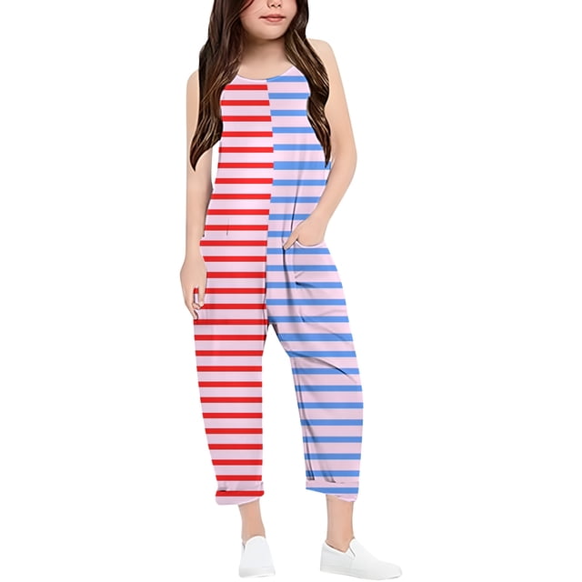 Combinaison Fille Rayée Sans Manches avec Poches Combinaisons Fille Taille 7-8 Ans
