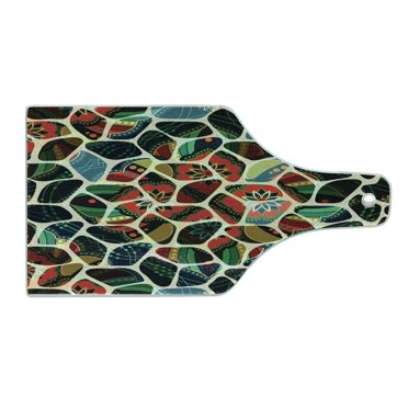 Colorful Cutting Board, Abstract Pattern with Shapes Superimposed with Floral Motifs Indonesian Mosaic, Decorative Tempered Glass Cutting and Serving Board, in 3 Sizes, by Ambesonne