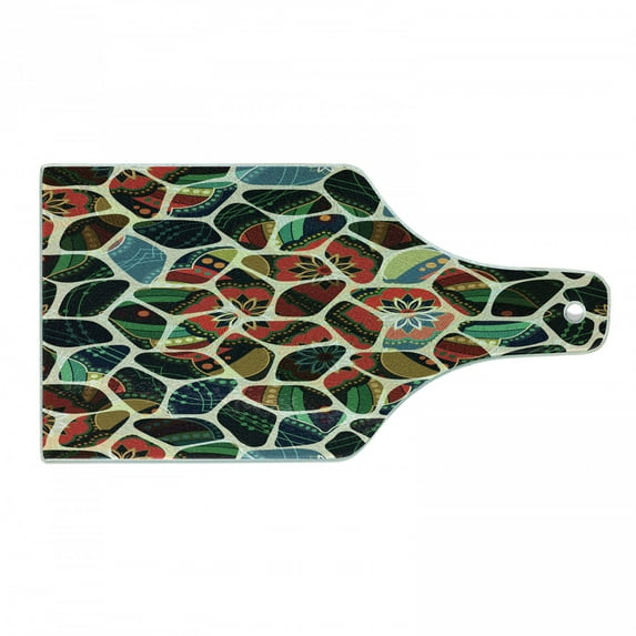 Colorful Cutting Board, Abstract Pattern with Shapes Superimposed with Floral Motifs Indonesian Mosaic, Decorative Tempered Glass Cutting and Serving Board, in 3 Sizes, by Ambesonne