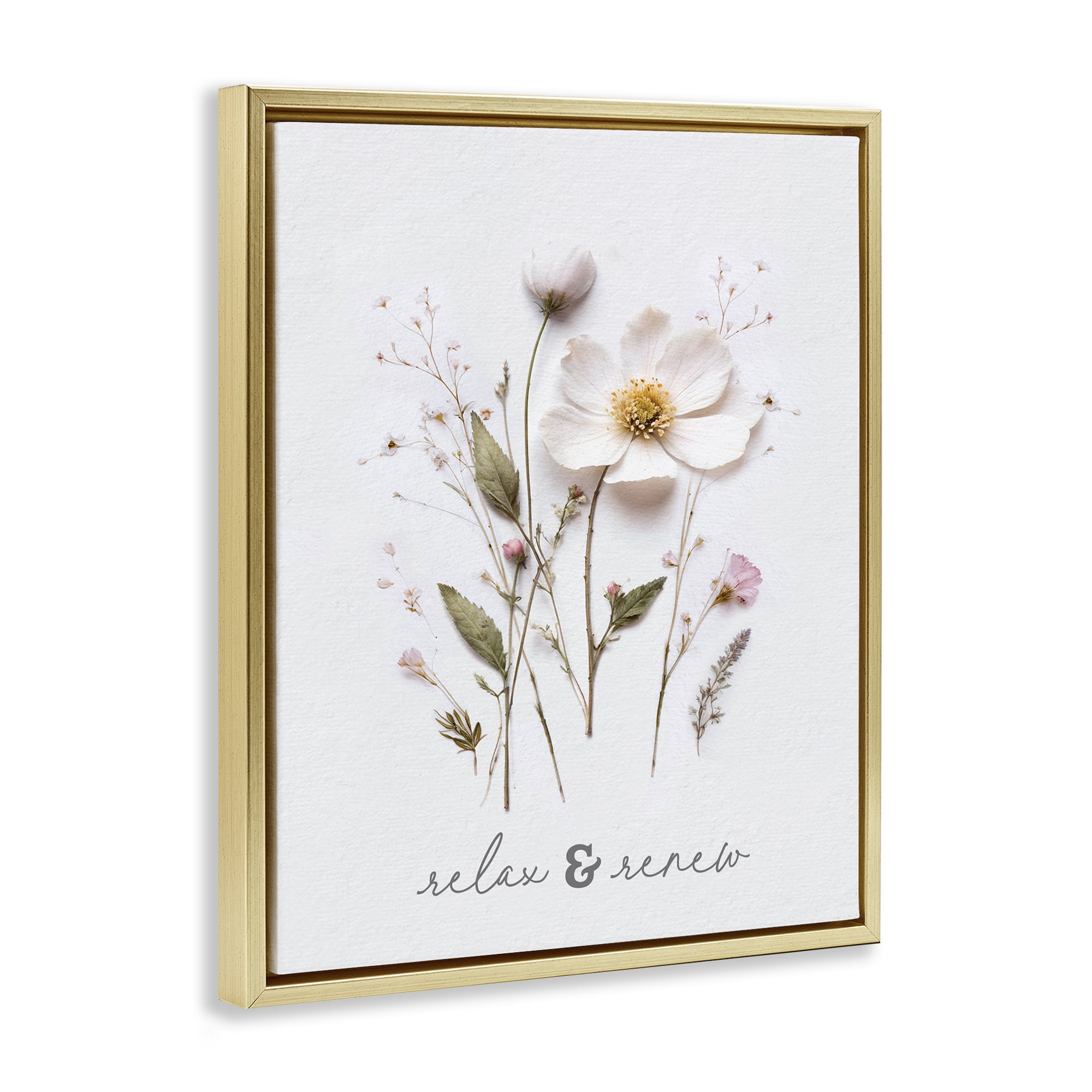 Pressed Flower Relax & Renew Gold Framed Floater Canvas Wall Art, design by Lettered and Lined