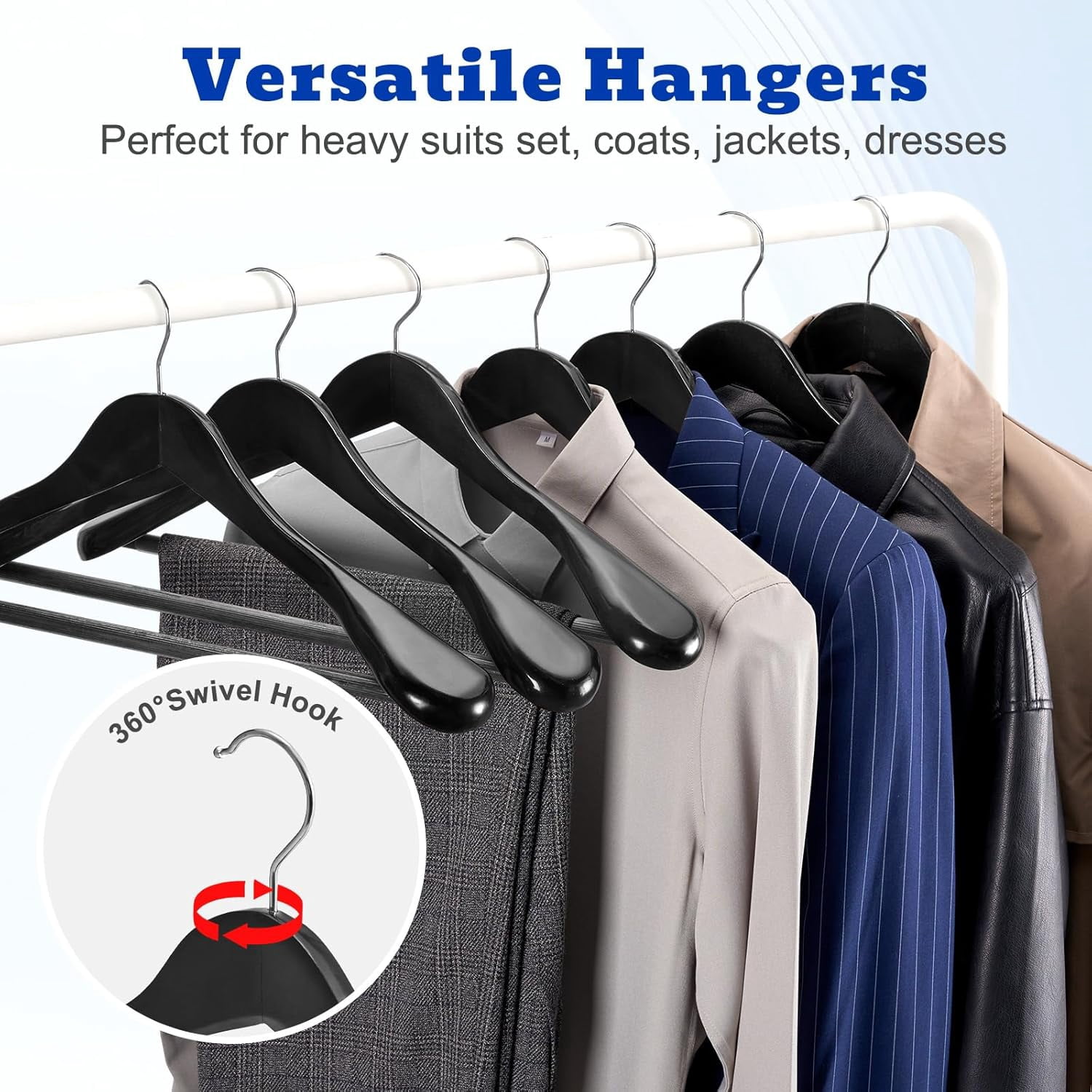Solid Wood Wide Shoulder Hangers with Non-Slip Pants Bar, 360 °   Swivel Hook for Suits, Dresses, Jackets, and Heavy Clothes - 6 Pack (Walnut Finish)