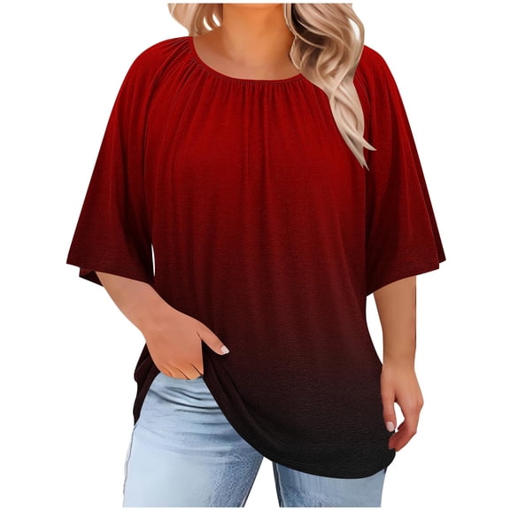 Ohufal Womens T Shirts Crew Neck Short Sleeve Casual Loose Tees Tops for Women Plus Size Tshirts Pleated Tunics Tops