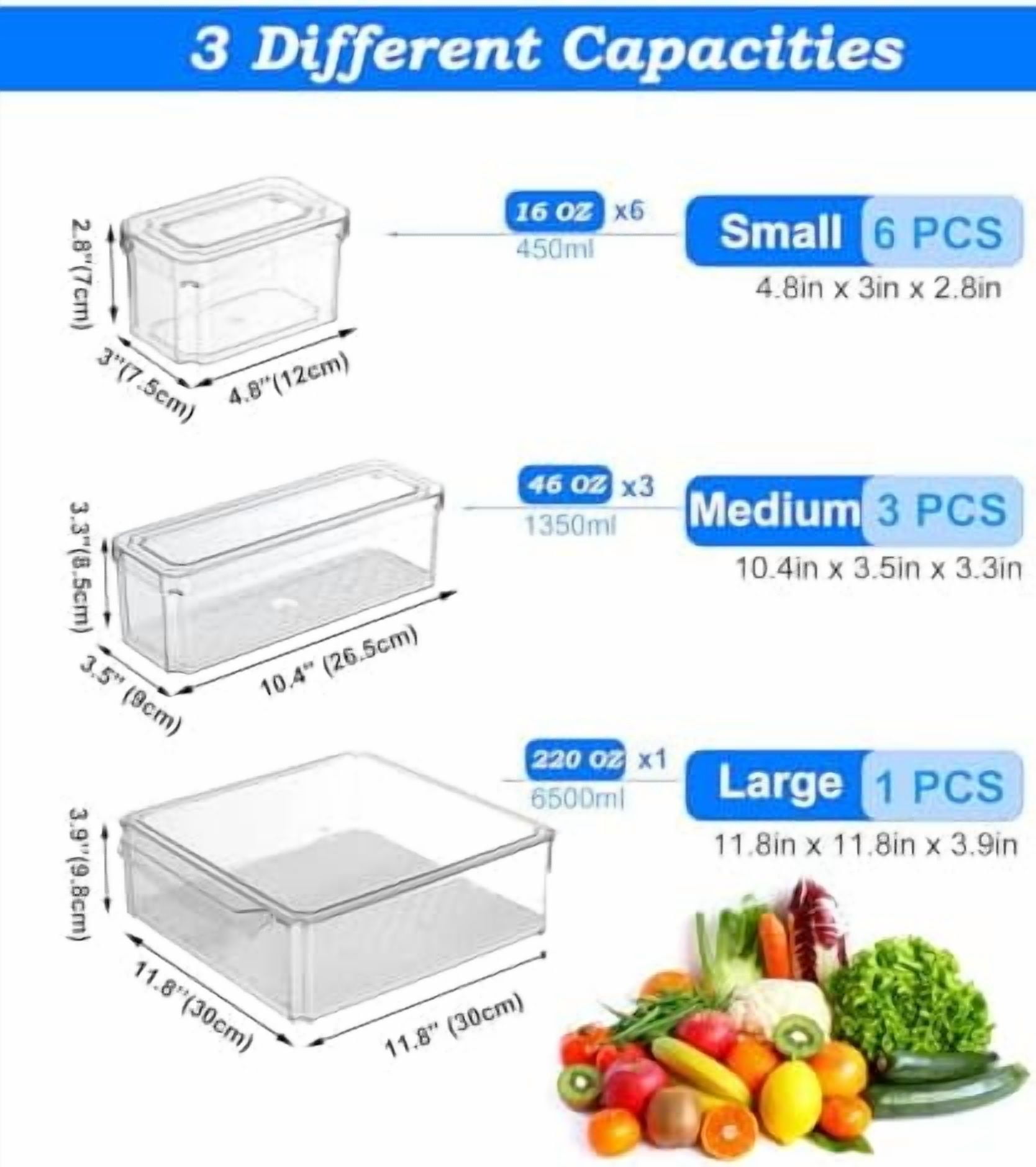 10-Pack Clear Fridge Organizer Bins with Lids, Stackable Refrigerator Storage Containers, BPA-Free with Drain Tray & Anti-Slip Base for Fruits, Veggies, Drinks