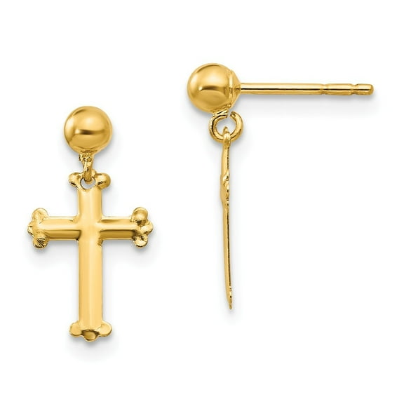 14k Yellow Gold Cubic Zirconia Cross Dangle Post Earrings - Measures 14x8mm Wide
