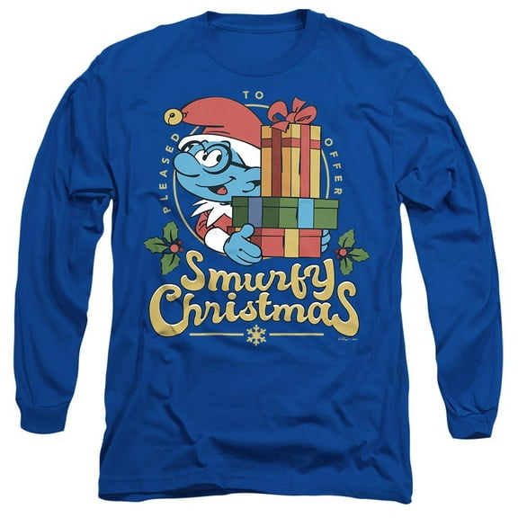 Smurfs Smurfy Christmas With Brainy Smurf Unisex Adult Long-Sleeve T Shirt, Royal, Small