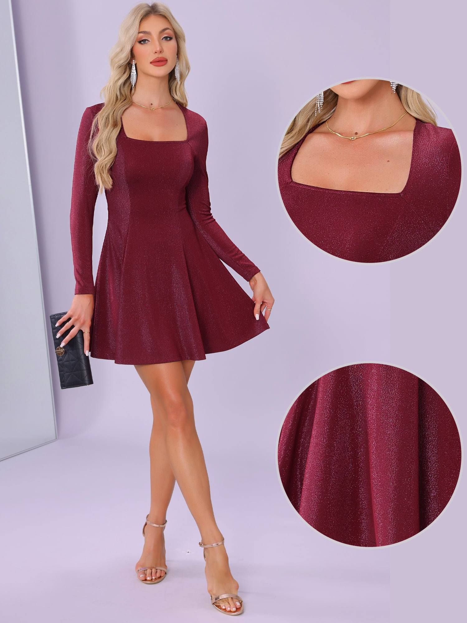 DARING DIVA Square Neck Long Sleeve Mini A-Line Dress XL Red
