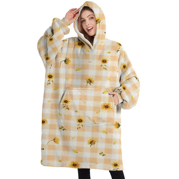 Oversized Wearable Blanket Hoodie,Orange White Checker Sunflower Pattern Sherpa Blanket Hoodie with Super Pockets,Super Warm Fuzzy Pullover for Women & Men