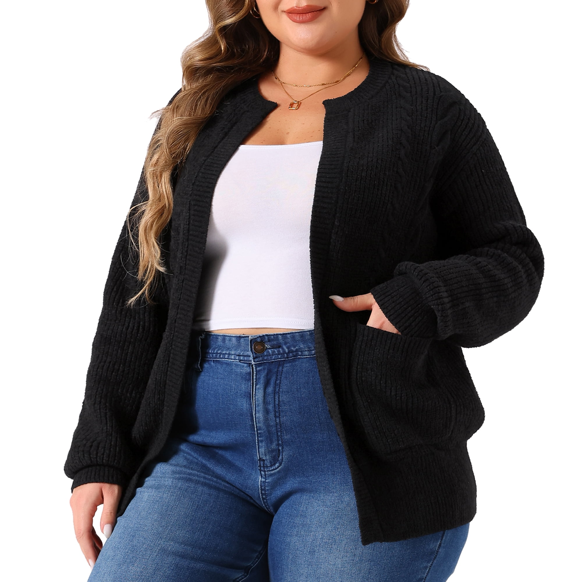 DARING DIVA Women's Plus Long Sleeve Crew Neck Knit Cardigans 1X Black
