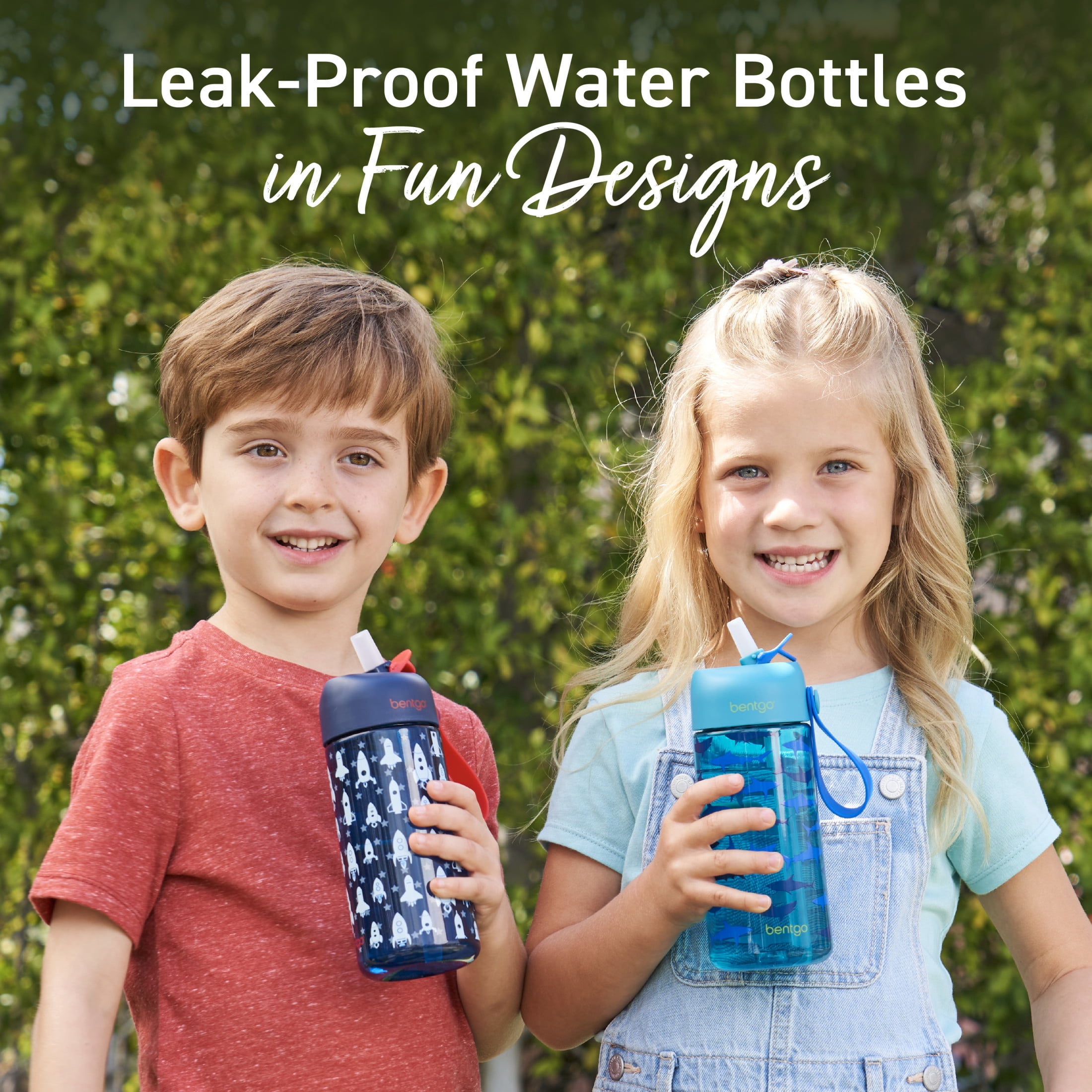 Bentgo Kids Water Bottle 2-Pack - Leak-Proof, Durable Tritan, BPA-Free 15 oz. Cup for Kids/Toddlers Ages 3+, Safe Sip Spout, & Dishwasher Safe for School/Sports/Daycare/Camp (Rocket/Shark)