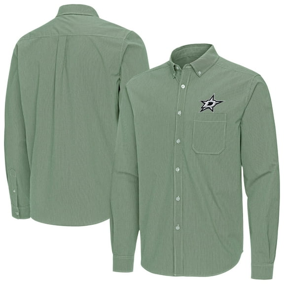 Men's Antigua Hunter Green Dallas Stars Porter Woven Tri-Blend Long Sleeve Button-Down Shirt