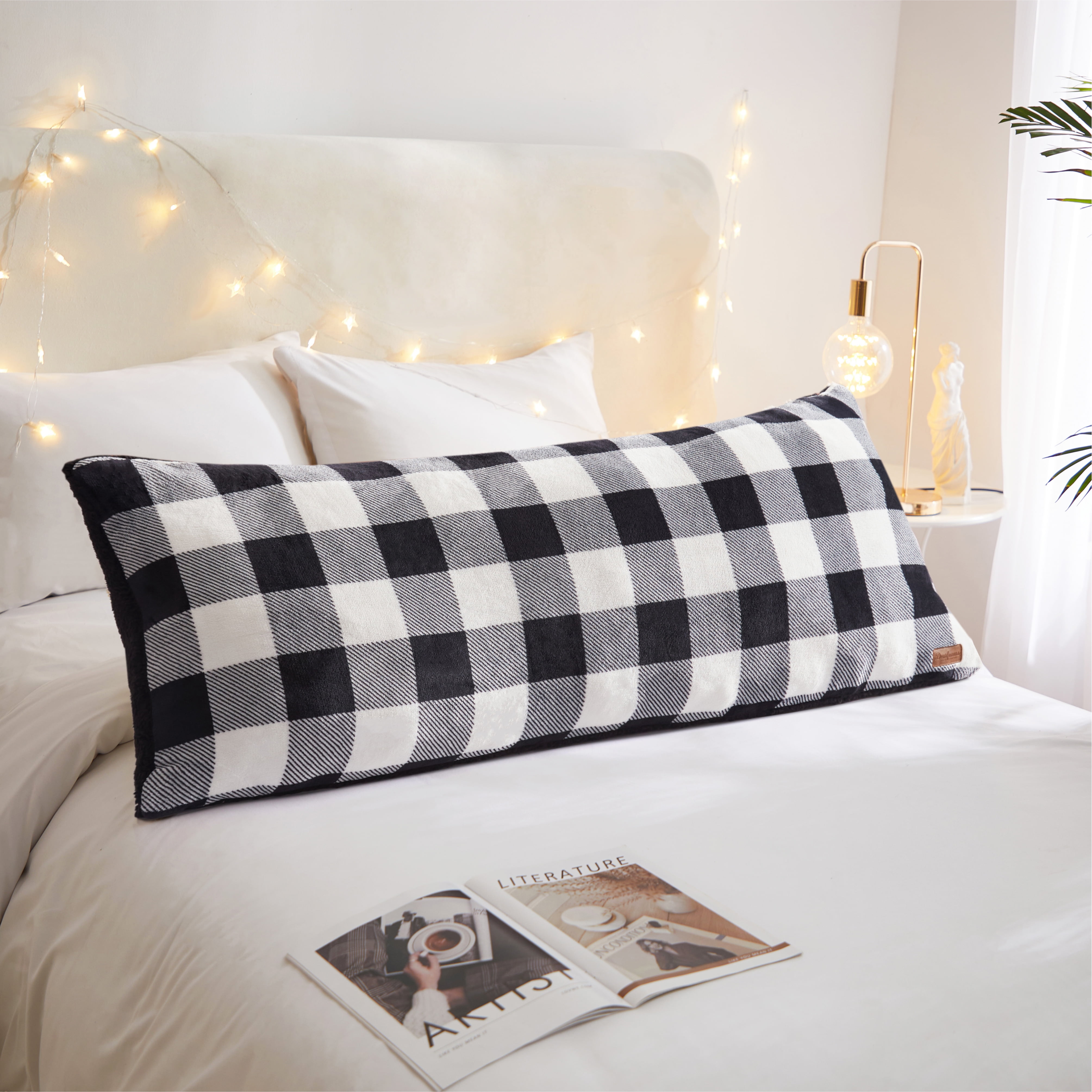 Dearfoams Royal Plush Reverse to Super Soft Sherpa Body Pillow, 20" x 48", Black White Check, Polyester Fill