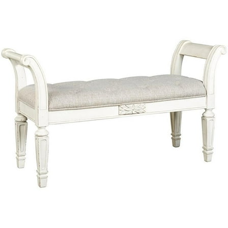 Bowery Hill Tufted Bench with Scrolled Arm in Antique White