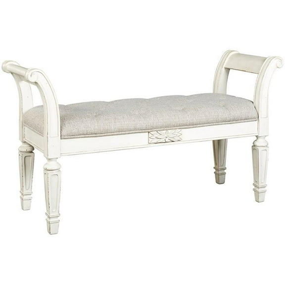 Bowery Hill Tufted Bench with Scrolled Arm in Antique White