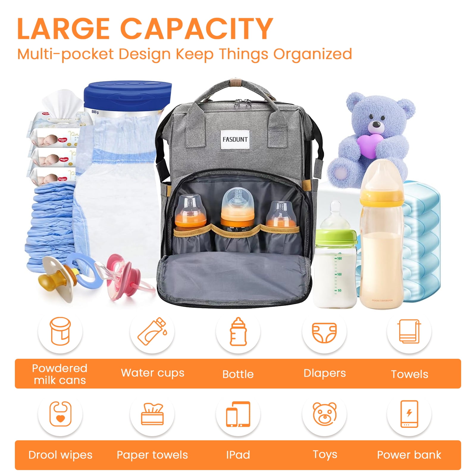 Diaper Bag Backpack with Changing Station, Baby Diaper Bag Backpack with Portable Crib, Large Capacity Diaper Backpack with Insulated Bottle Pockets & Stroller Straps for Mom Dad, Gray
