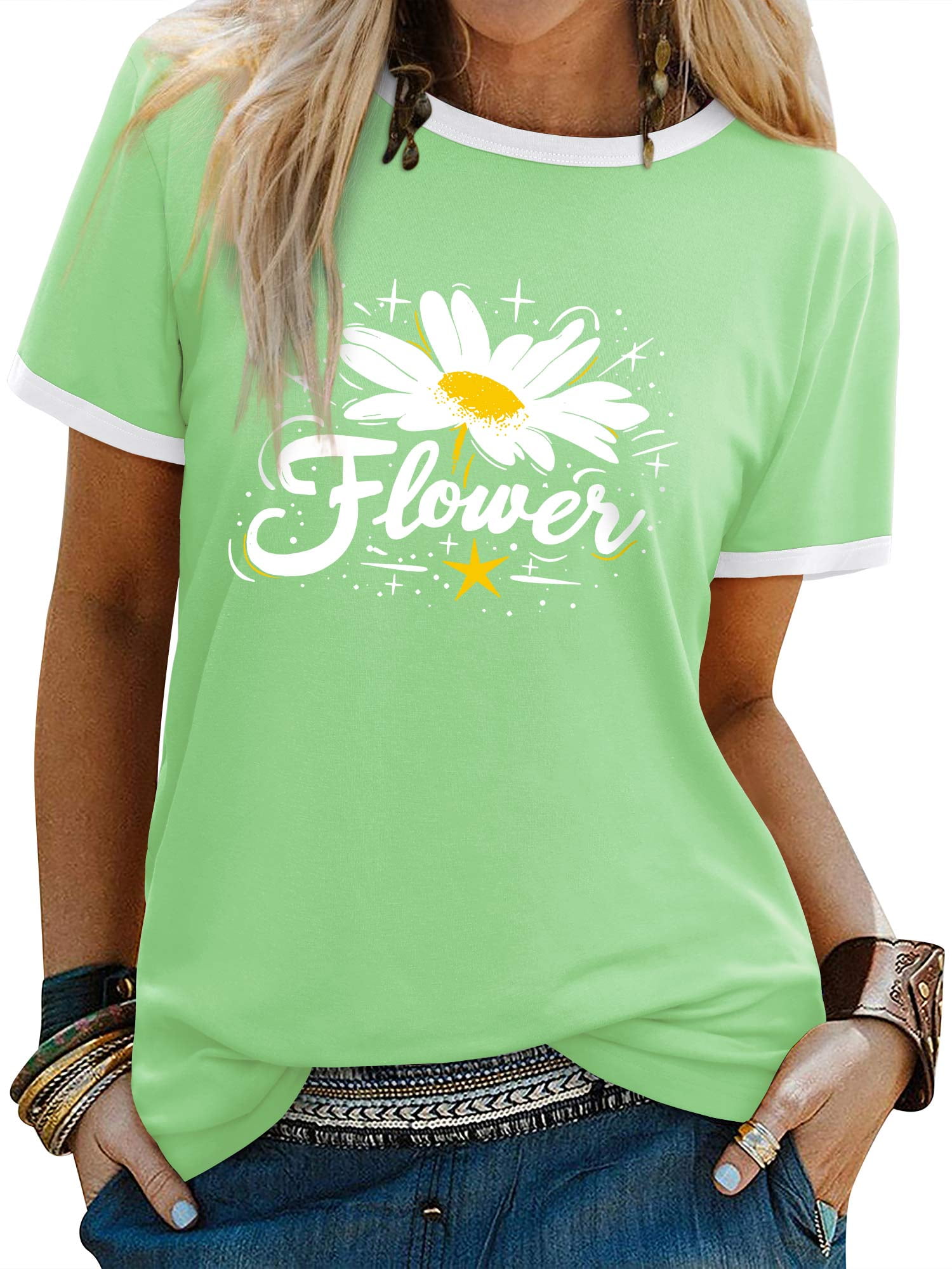 ★daisy★❤️ ZXSXSY Graphic Tees for Women Daisy Flower Print Crew Neck Short