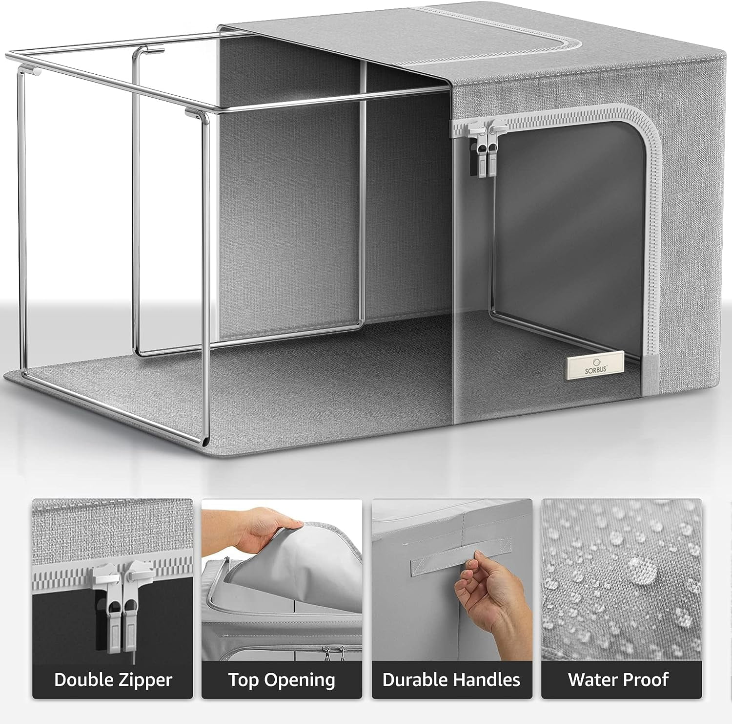 Sorbus Large Foldable Storage Bin with Metal Frame – Stackable Organizer with Handles, Gray