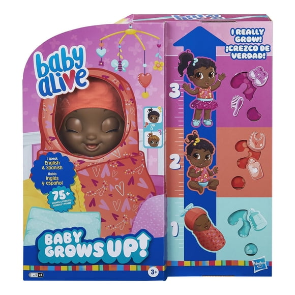 Baby Alive, Baby Grows Up (Adorable), Sweet Blossom ou Lovely Rosie, poupée de bébé qui croît et parle, avec accessoires mystères