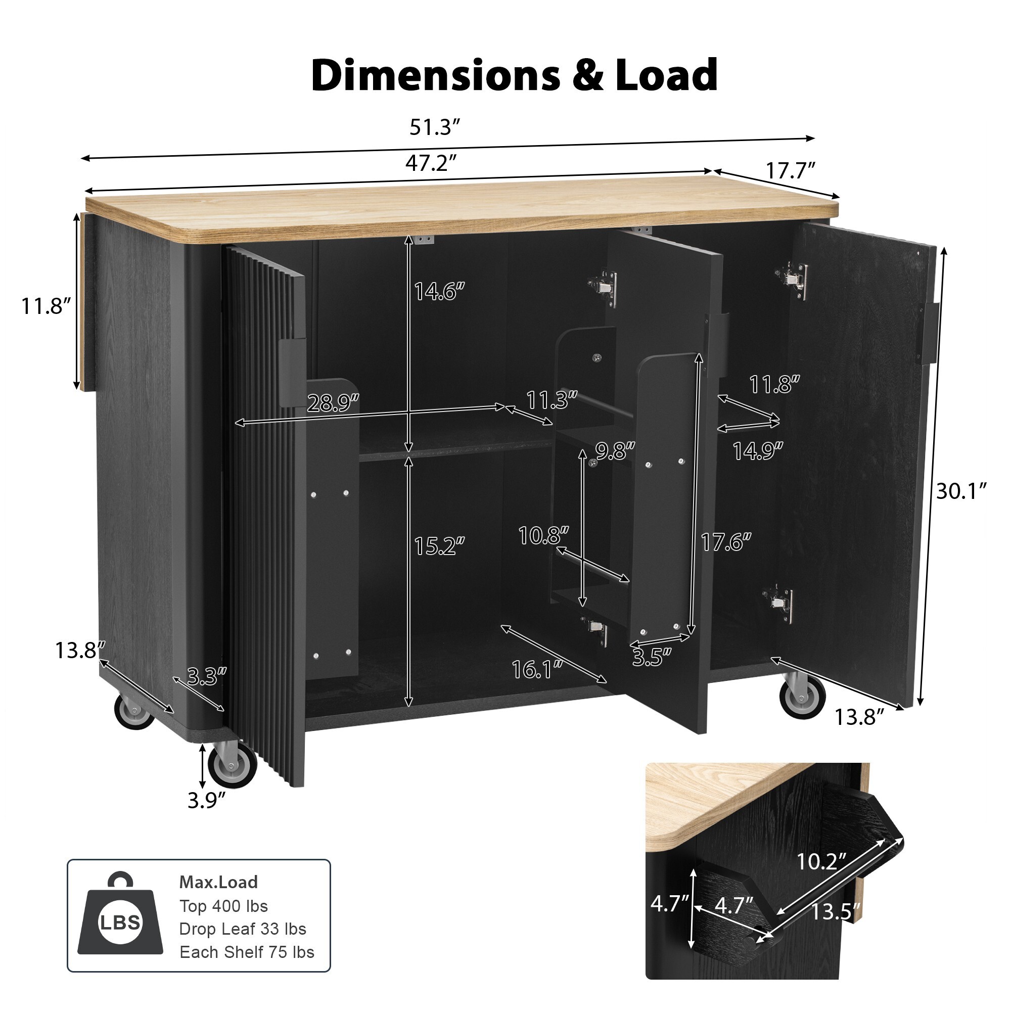 DEALTOPS 51" Fluted Panel Kitchen Island with Drop Leaf, 3-Door Rolling Storage Cabinet Cart, Black Ash