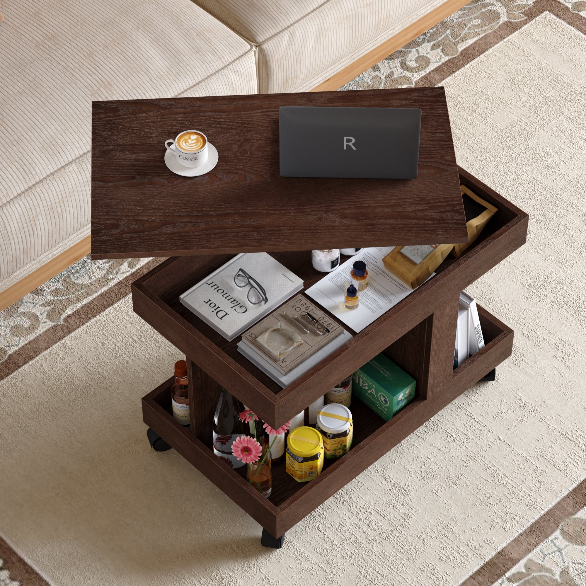 Small Coffee Table with Wheels, 360° Rotating Desktop Multi-Functional Side Table, Rolling End Table with Storage Compartment, Mobile Bedside Table for Living Room Bedroom Home Furniture, Walnut