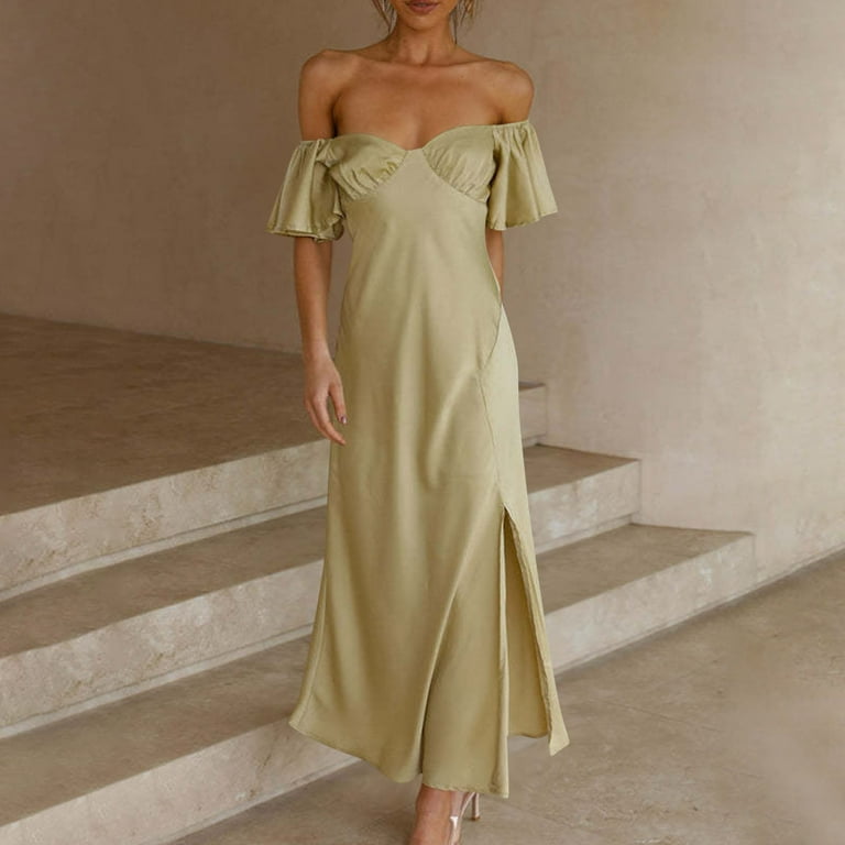 Qolati Dresses for Women 2024 Ruffle Sleeves Off Shoulder Wedding Guest Bridesmaid Dress Elegant Strapless Tube Sleeveless Slit Hem Cocktail Party Qolati Dresses for Women 2024 Ruffle Sleeves Off Shoulder Wedding Guest Bridesmaid Dress Elegant Strapless Tube Sleeveless Slit Hem Cocktail Party