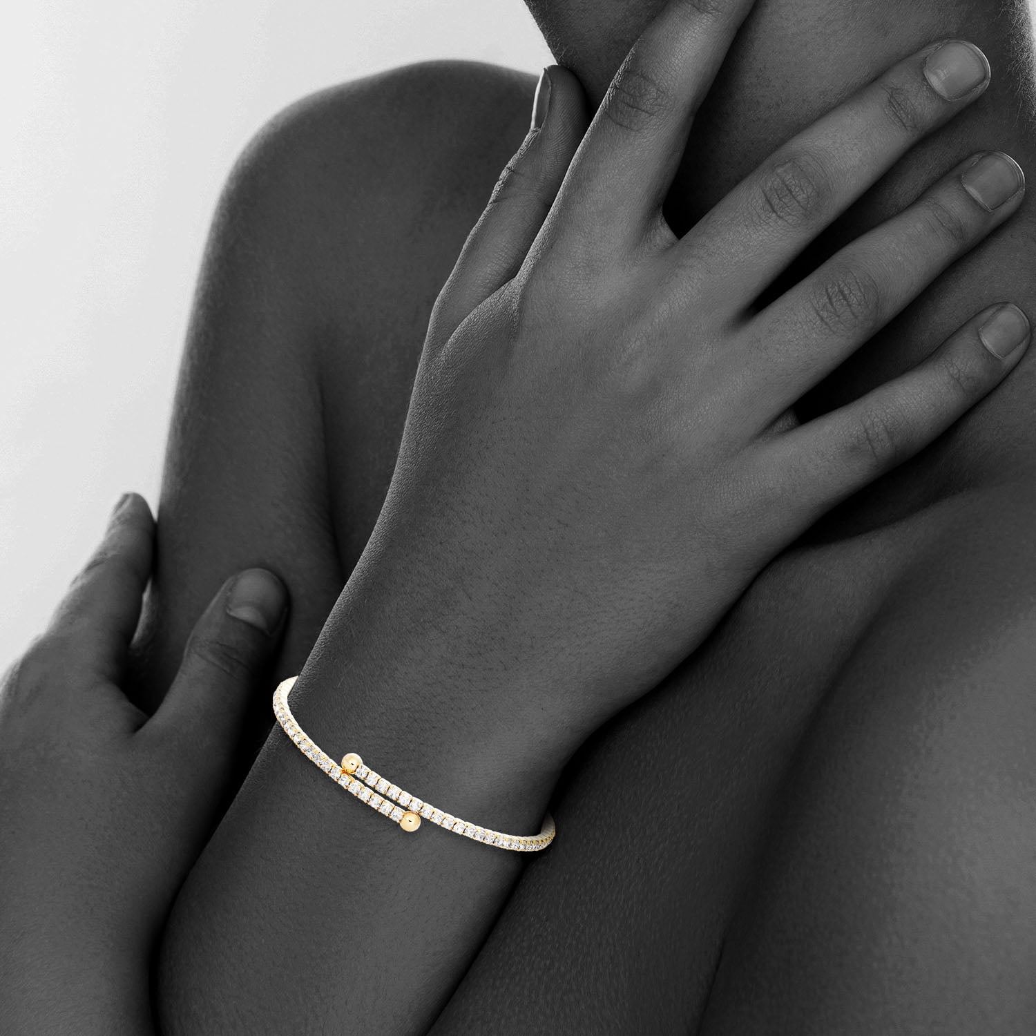 X & O 14K Gold Plated Single Row Flex Bangle with White Crystals